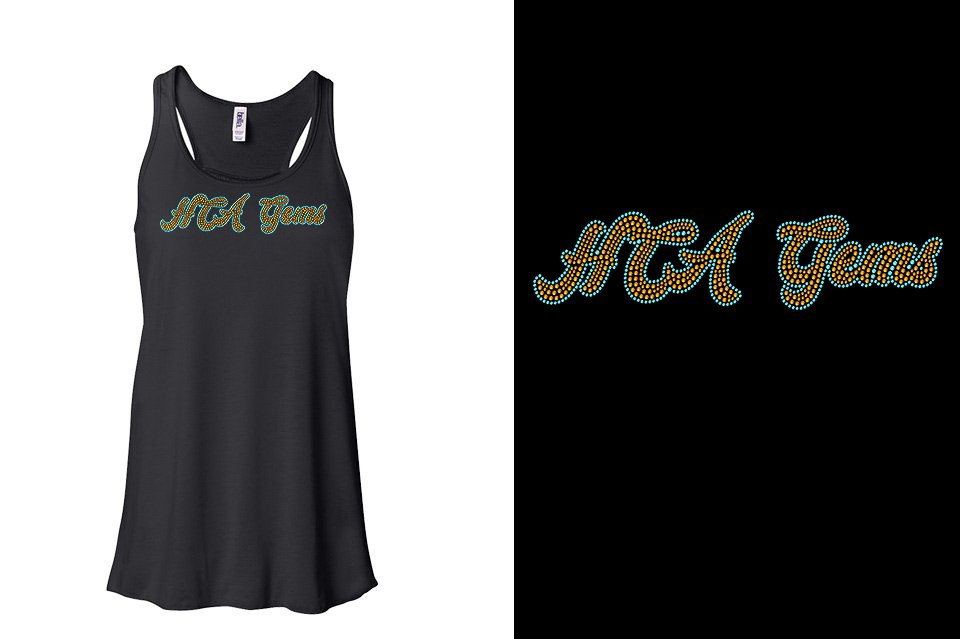 Rhinestones HCA Gems script text stones 2-color Youth Flowy Racerback Tank