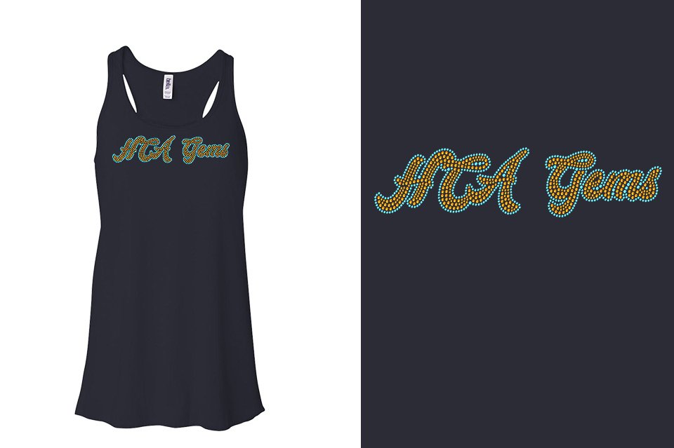 Rhinestones HCA Gems script text stones 2-color Youth Flowy Racerback Tank