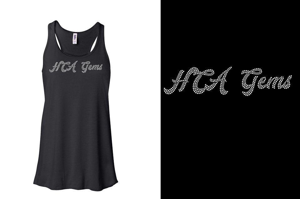 Rhonestones HCA Gems script text stones 1-color Youth Flowy Racerback Tank